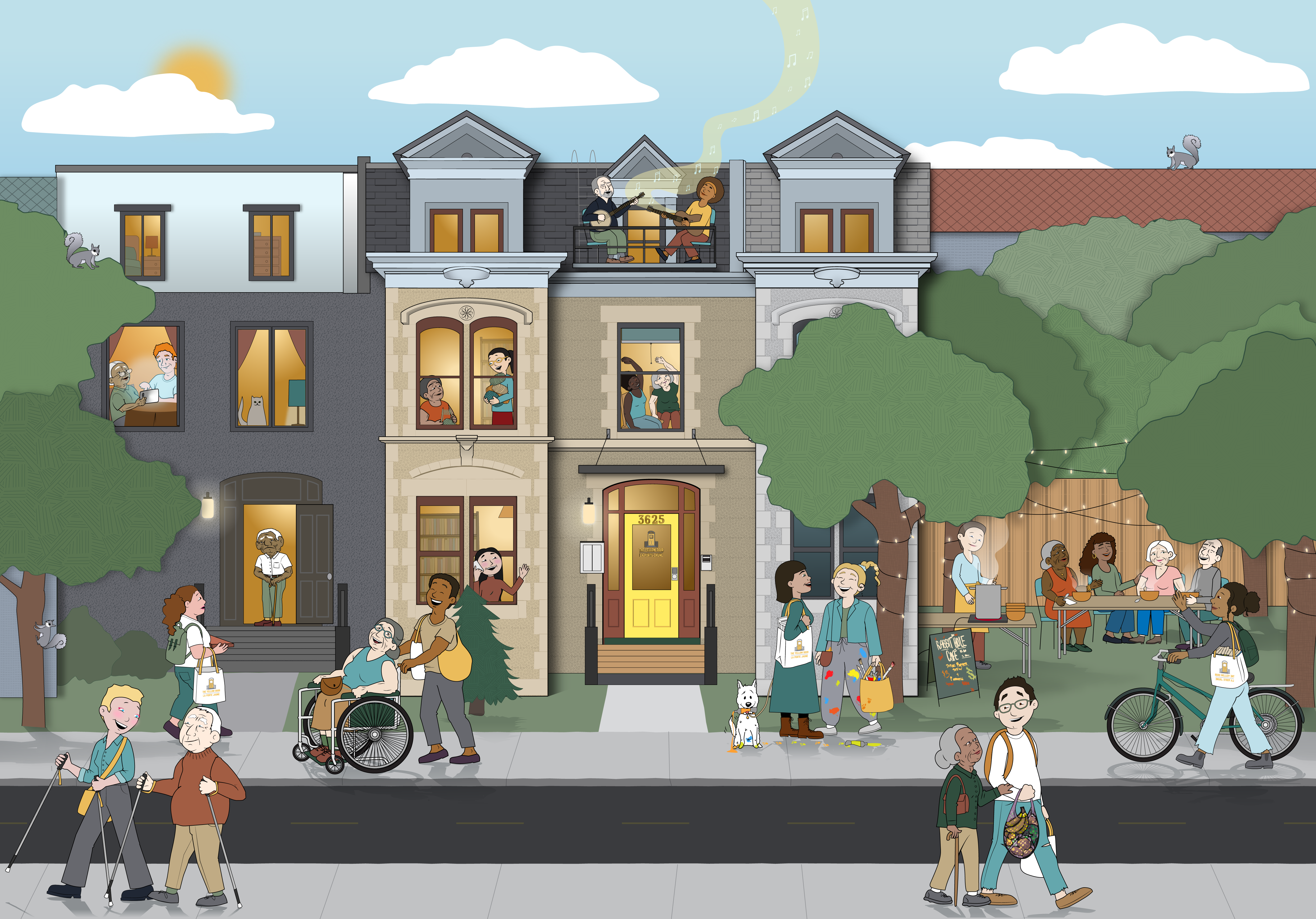 An illustration of the Yellow Door community, with people young and old eating, walking, listening to music and helping each other.