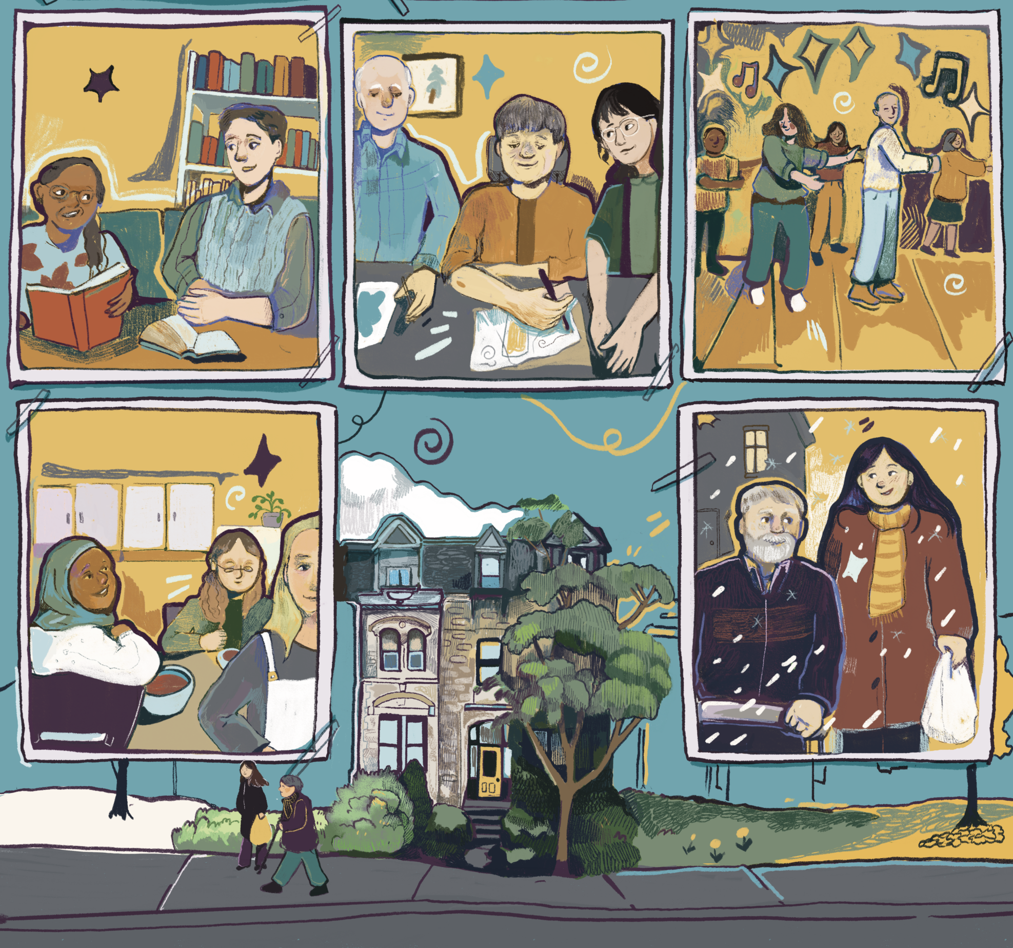 An illustration of The Yellow Door building, with vignettes of seniors and young people eating, dancing and making art.